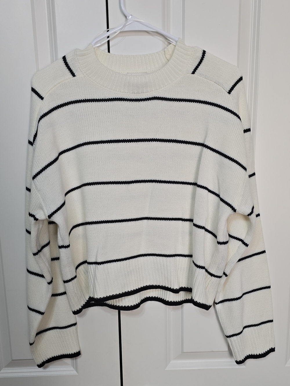 Women's Cream Crewneck Boxy Sweater with Black Stripes
